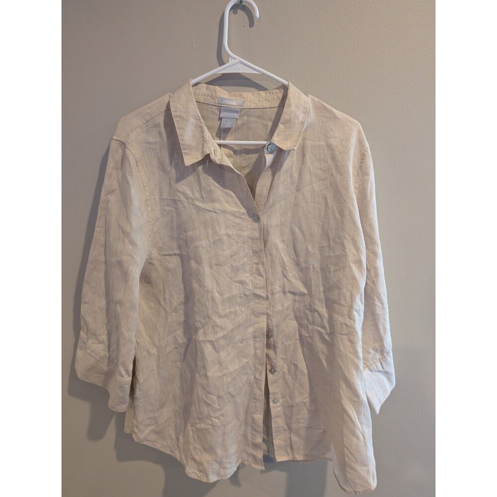 Chico's Sz 3 XL 16 Tan Women Linen Shirt Tunic Top Blouse Shirt Minimalist